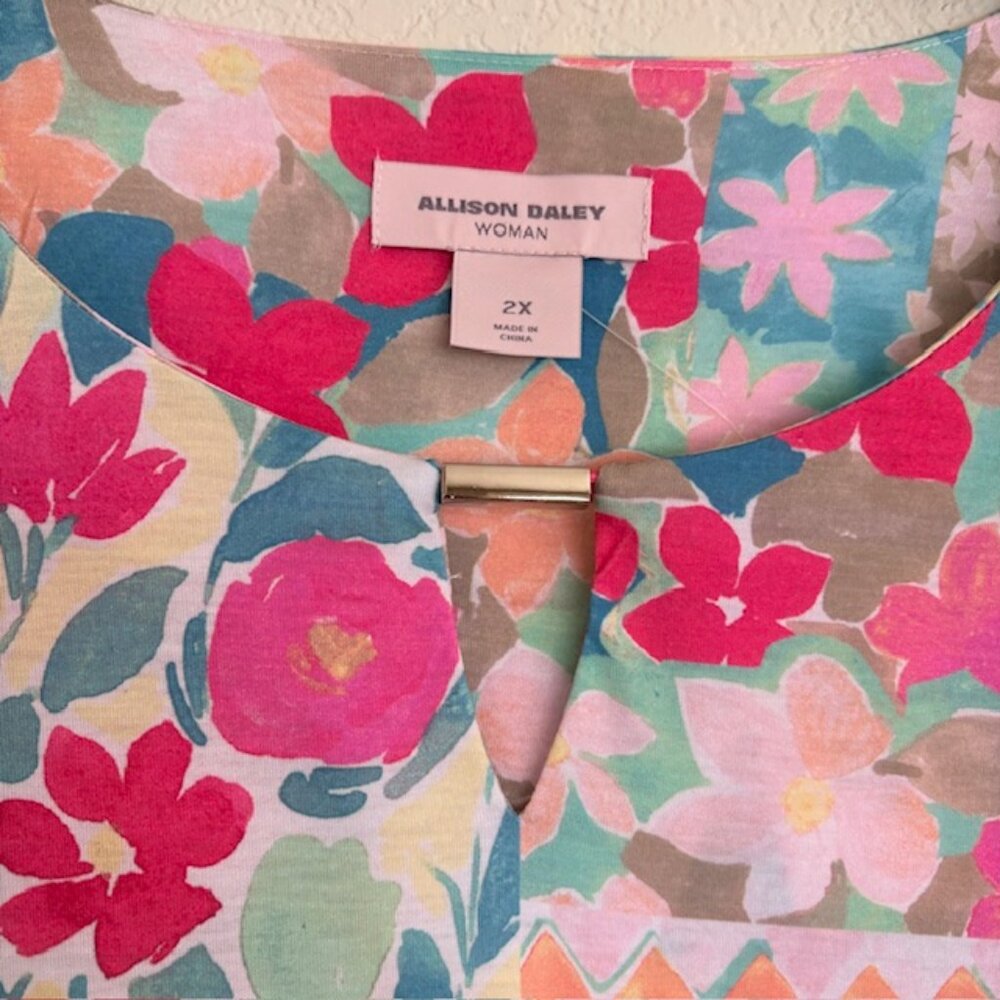 Allison Daley Womens 2X Tunic Patchwork Pastels 3/4 Sleeve Handkerchief Hem NWT - Picture 4 of 7